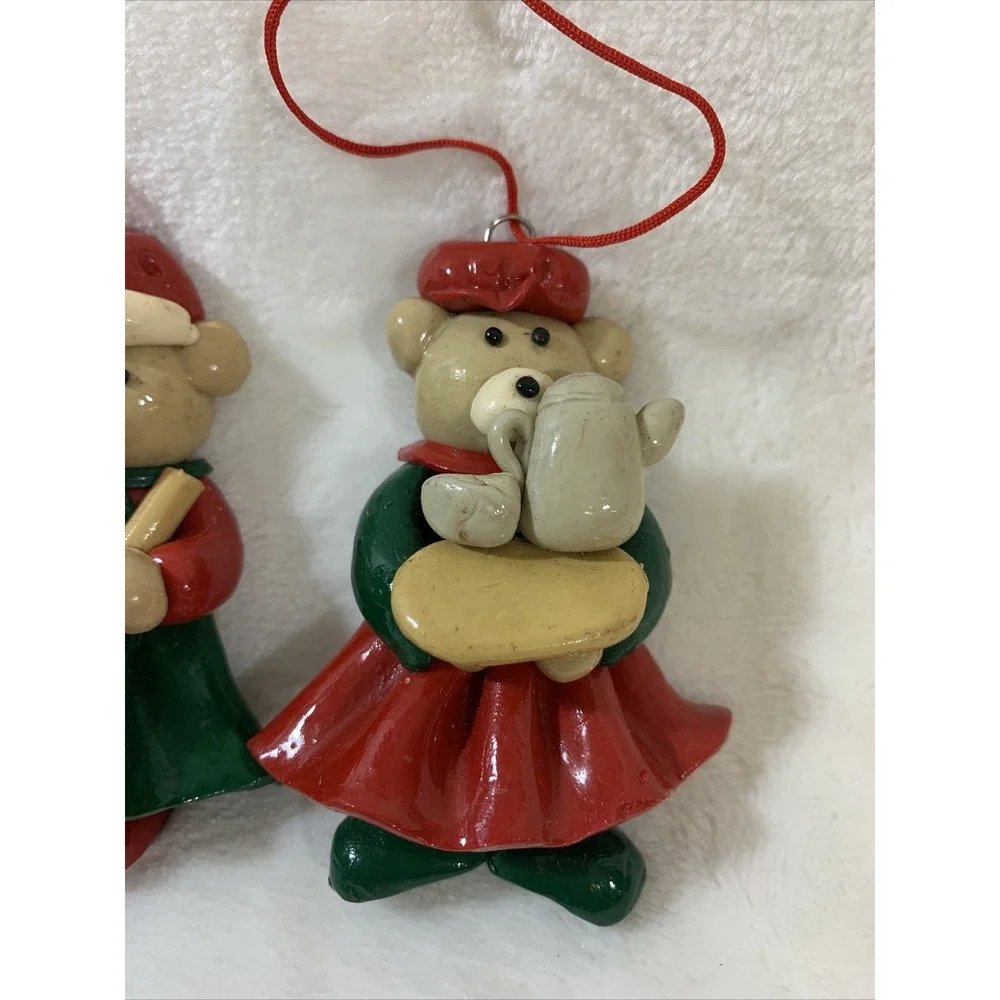Lot Of 2 Vintage Glazed Salt Dough Type Christmas Bear Festive Holiday Ornaments